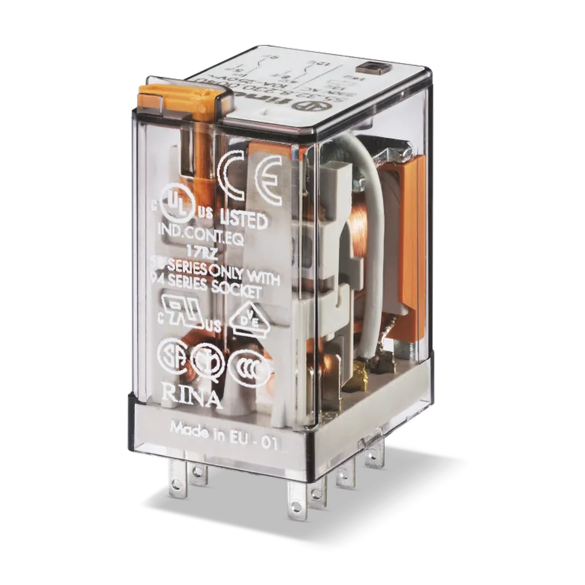 553282300000 - Miniature universal electromechanical relay; Installation in the outlet; 2CO 10A; AGNI contacts; Coil 230V AC; degree of protection of RTI; Options: No - Finder - 0
